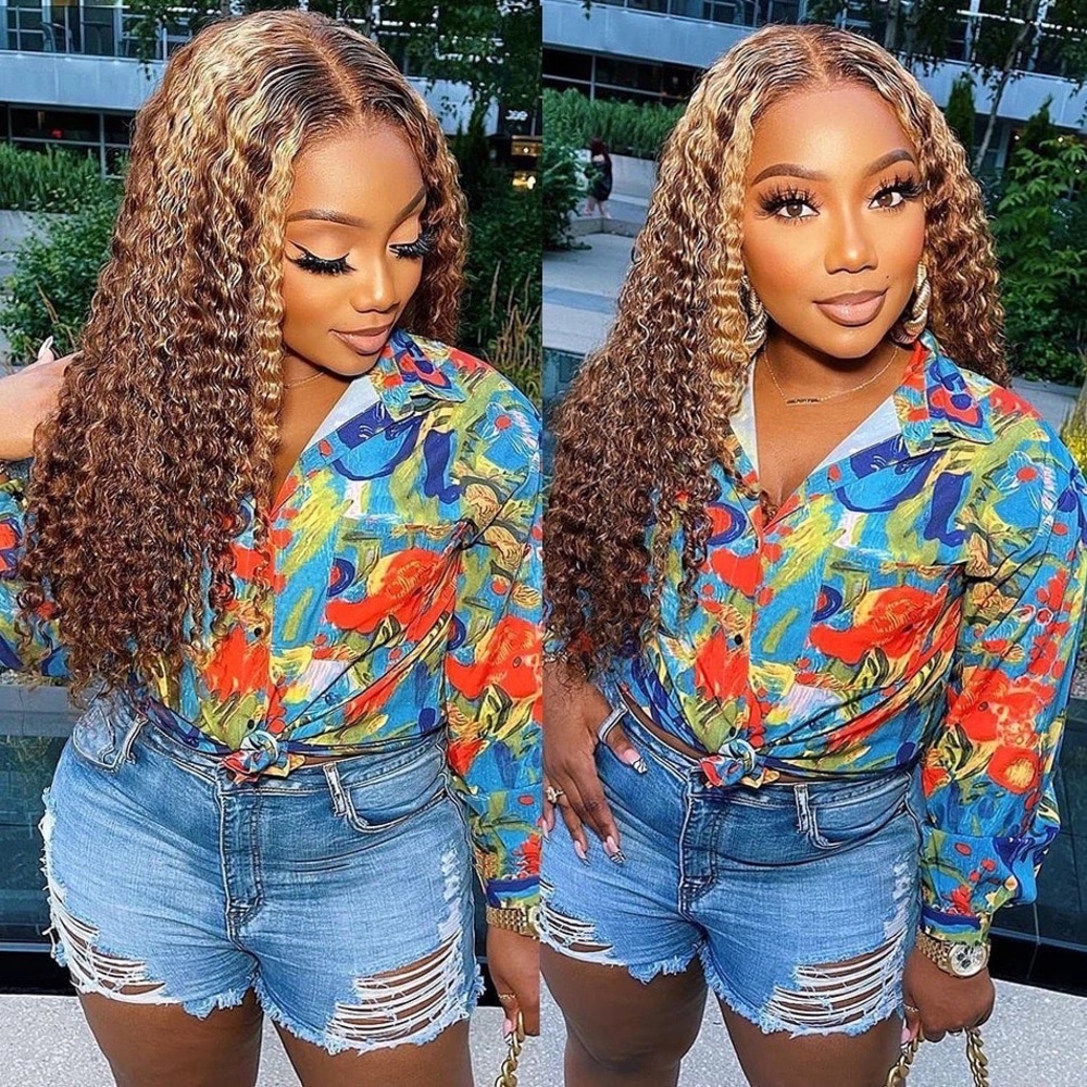 26 Inches Golden Blonde/Brown Curly Human Hair Ombre Deep Wave Frontal Lace Wig